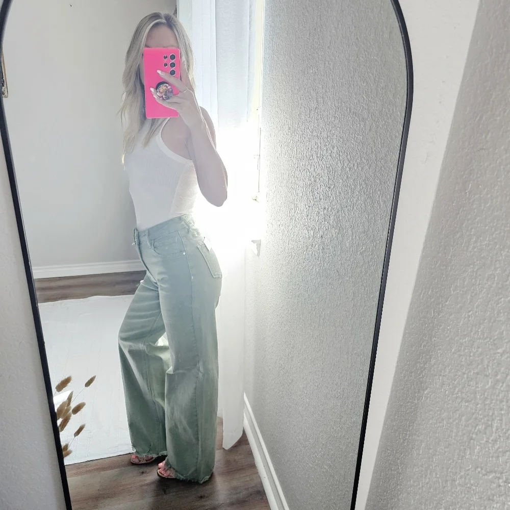 RISEN High Rise Wide Leg Olive Denim Jeans Classic Frayed Hem Size 1/25 NEW - Picture 7 of 15